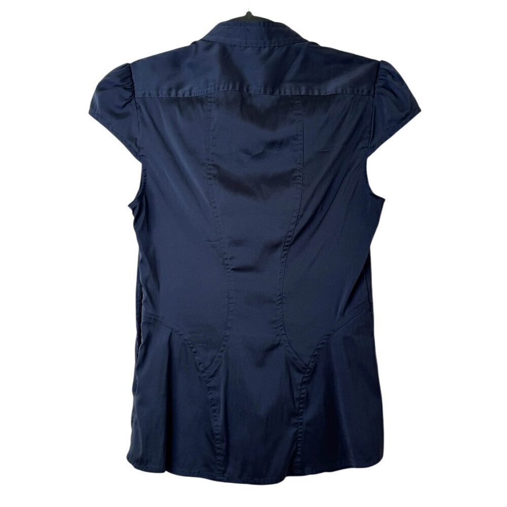 Express Stretch Satin Ruffle Short Sleeve Top - Picture 3 of 5